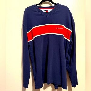 Vintage Y2K Tommy Hilfiger V-neck Long Sleeve Shirt Mens XL Navy Blue Textured
